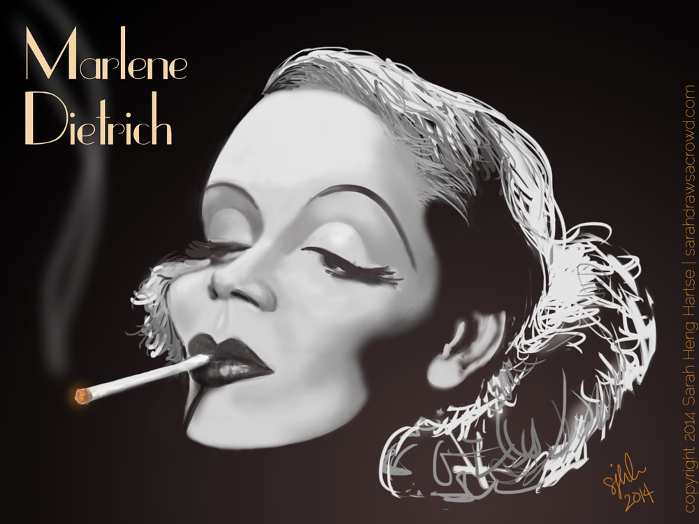 Marlene Dietrich smoking celebrity caricature