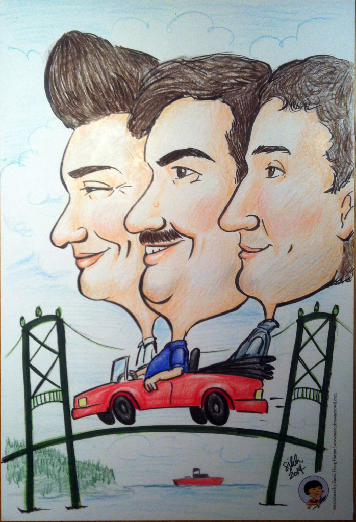 This caricature (done with markers and colored pencil on paper) was a recreation of one done with all three brothers when they were kids. It was given to their father as a Christmas present!