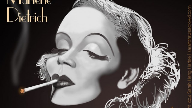 Marlene Dietrich smoking celebrity caricature